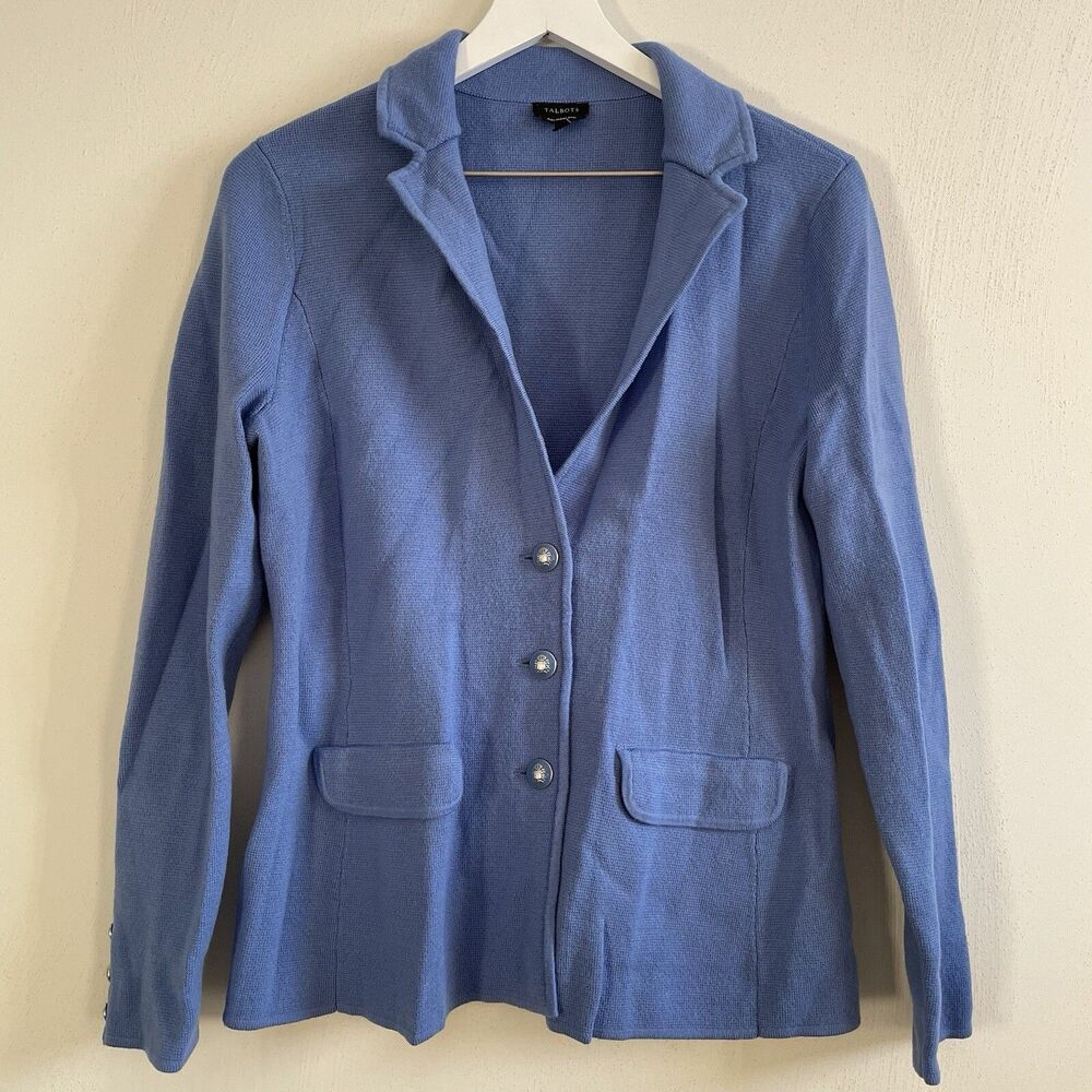 Talbots Sweater Womens Medium Blue 100% Merino Wool Cardigan Blazer Preppy
